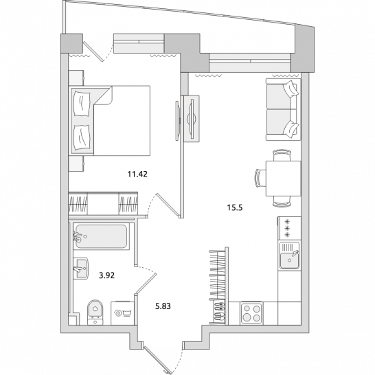 Однокомнатная квартира 42 м²