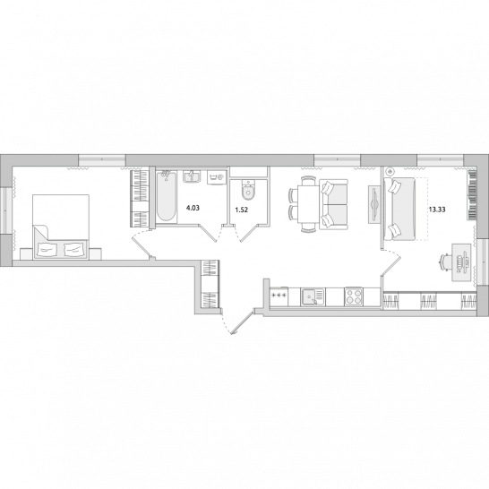 Двухкомнатная квартира 57 м²