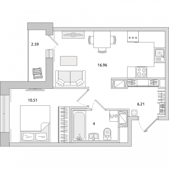 Однокомнатная квартира 40 м²