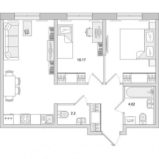 Двухкомнатная квартира 54 м²