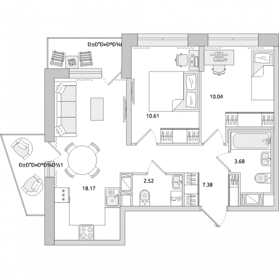 Двухкомнатная квартира 60 м²