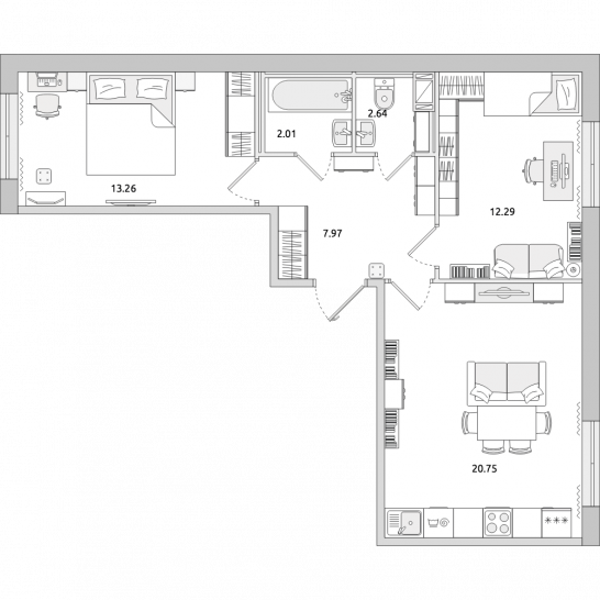 Двухкомнатная квартира 59 м²
