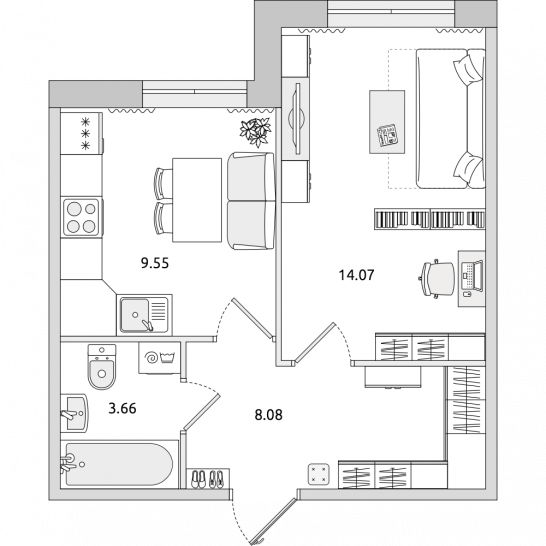 Однокомнатная квартира 35 м²