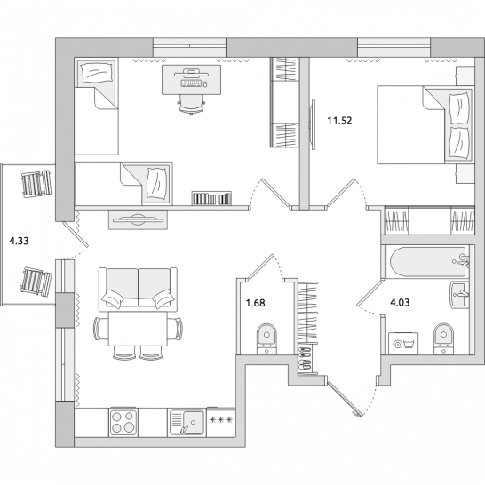Двухкомнатная квартира 59 м²