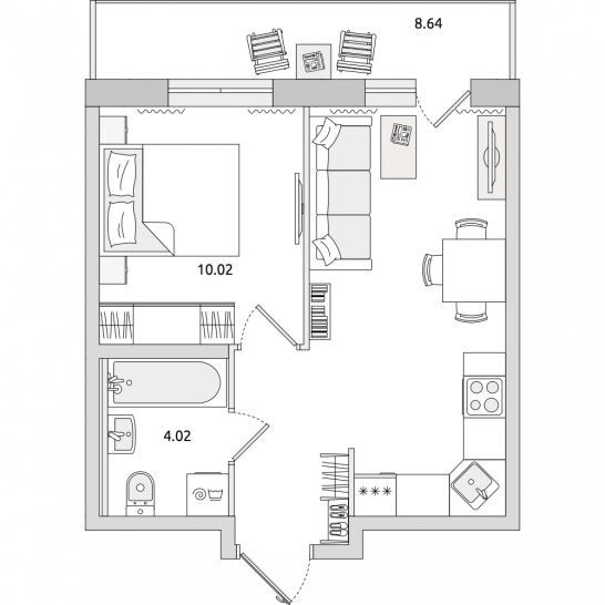 Однокомнатная квартира 42 м²