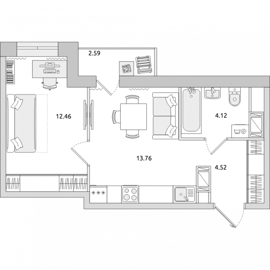 Однокомнатная квартира 37 м²