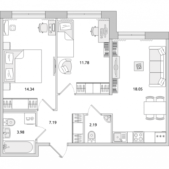 Двухкомнатная квартира 58 м²