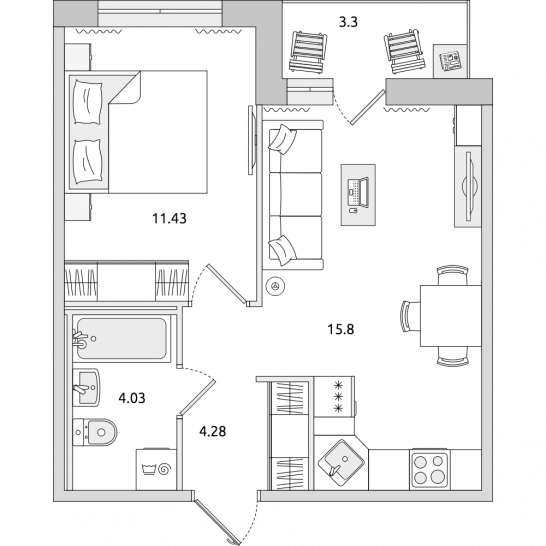 Однокомнатная квартира 39 м²