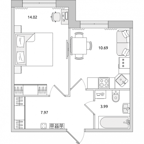 Однокомнатная квартира 37 м²