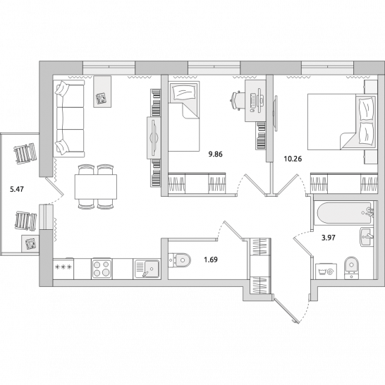 Двухкомнатная квартира 58 м²