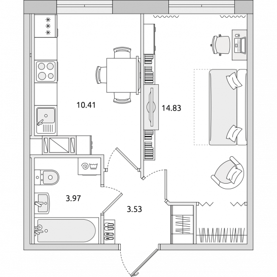 Однокомнатная квартира 33 м²