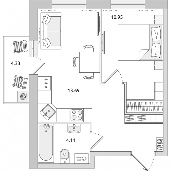 Однокомнатная квартира 39 м²