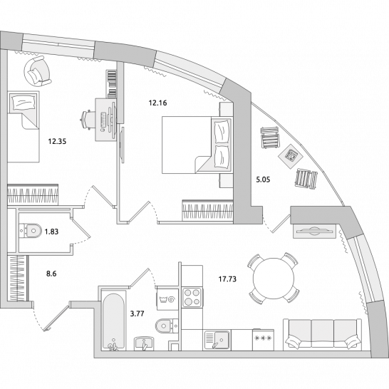 Двухкомнатная квартира 61 м²