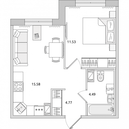 Однокомнатная квартира 36 м²