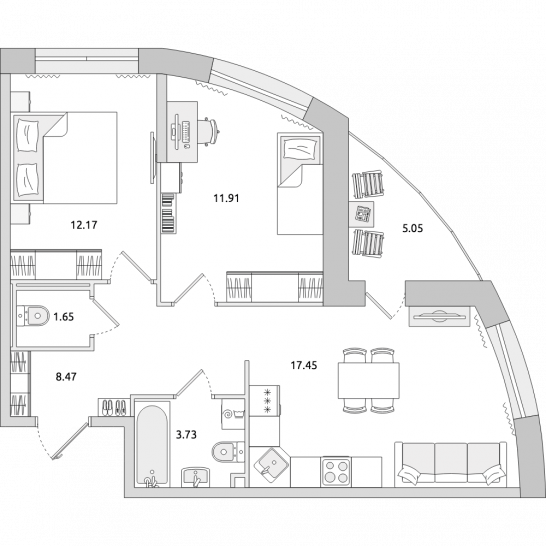 Двухкомнатная квартира 60 м²