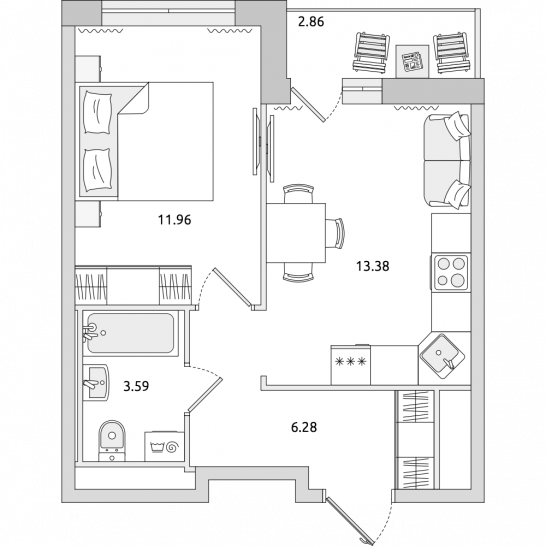 Однокомнатная квартира 38 м²