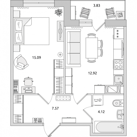 Однокомнатная квартира 44 м²