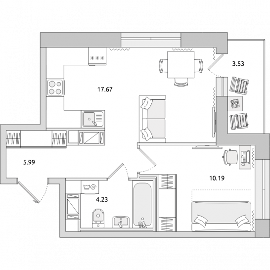 Однокомнатная квартира 42 м²