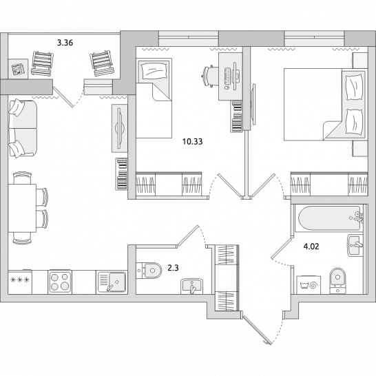 Двухкомнатная квартира 54 м²
