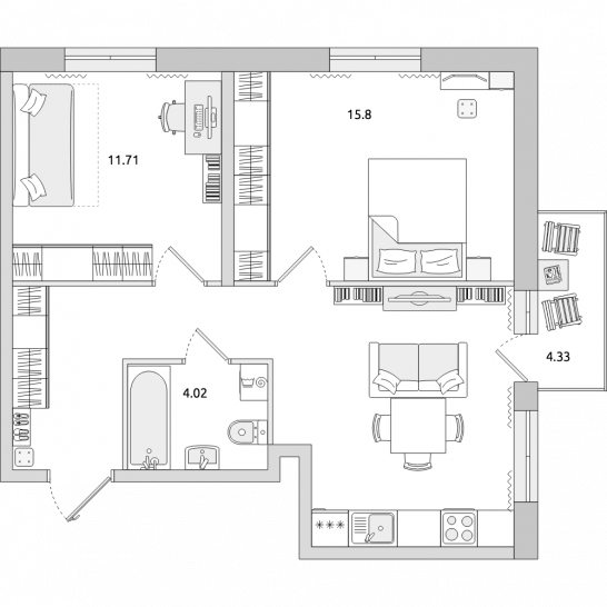 Двухкомнатная квартира 60 м²