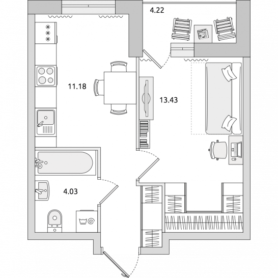 Однокомнатная квартира 37 м²