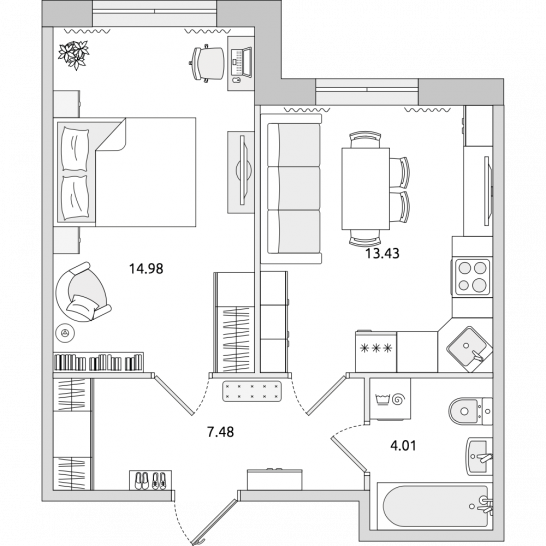 Однокомнатная квартира 40 м²