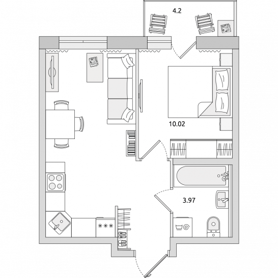 Однокомнатная квартира 38 м²