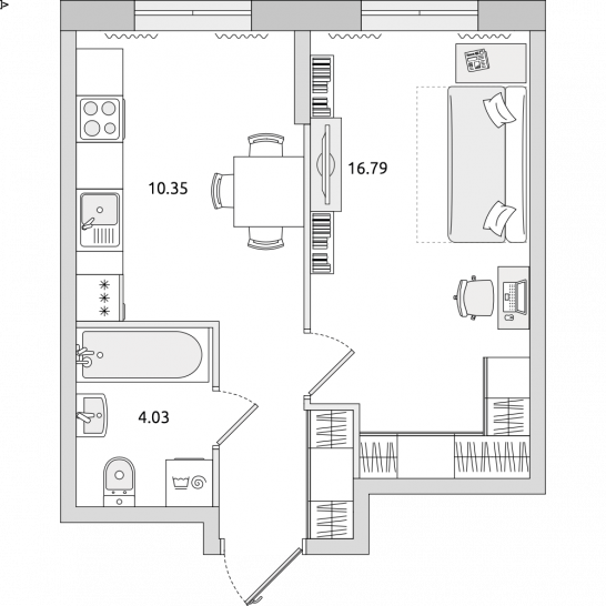 Однокомнатная квартира 35 м²
