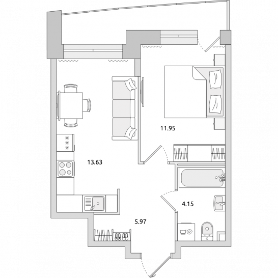 Однокомнатная квартира 42 м²