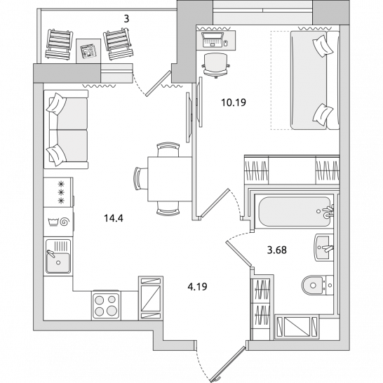 Однокомнатная квартира 35 м²