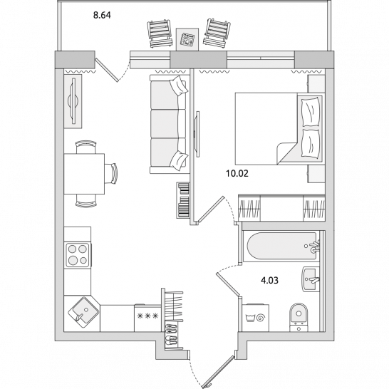 Однокомнатная квартира 42 м²