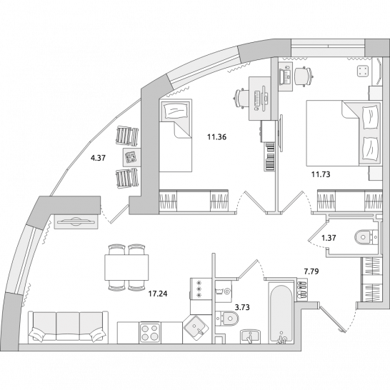 Двухкомнатная квартира 58 м²