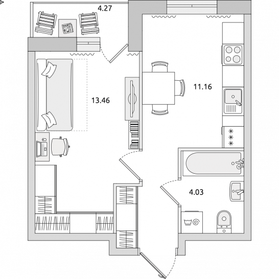 Однокомнатная квартира 37 м²