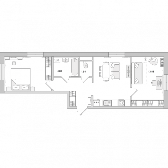 Двухкомнатная квартира 57 м²