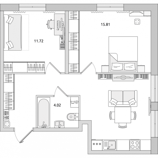 Двухкомнатная квартира 56 м²